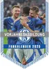 Three football players in blue and white kits celebrating. Produktbild-Vorschau