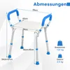A shower chair with dimensions and weight capacity indicated by text overlays. Podgląd zdjęcia produktu