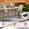 Two bar stools are shown in an outdoor setting, next to a bar counter with drinks and a grill. The image also includes icons and text highlighting product features. Podgląd zdjęcia produktu