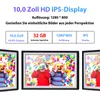 A marketing image showing a digital photo frame with text overlay describing its features, and three frames displaying children. Produktbild-Vorschau