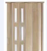 A close-up view of a folding door with a wood-like finish and frosted glass panels. Podgląd zdjęcia produktu