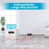 A robot vacuum cleaner is shown in a room, with a charging dock and a graphic indicating battery life. Produktbild-Vorschau