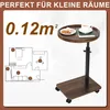 A mobile side table with a tray holding a cup of coffee and cookies, next to a floor plan diagram. Produktbild-Vorschau