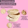 A stacked bamboo steamer with close-up insets showing material details and features. Produktbild-Vorschau