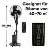 A floor fan with a humidifier and remote control, along with text indicating its suitability for rooms of a certain size. Voir les images du produit