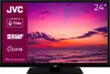 A JVC television displaying a sunset over the ocean, with feature callouts on the left side. Produktbild-Vorschau