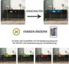 A collage of images showing a black sideboard with gold accents, demonstrating its LED lighting features in various colors and with a remote control. Produktbild-Vorschau