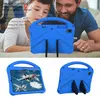 A father and son looking at a tablet, with close-up shots of a blue tablet case. Produktbild-Vorschau