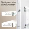 A close-up view of a white display cabinet with text overlays highlighting features. Produktbild-Vorschau