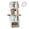 A white, rotating bookshelf with four tiers, filled with books and a basket of records at the bottom. Produktbild-Vorschau