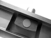 A close-up view of a stainless steel shower drain with a gray insert and a circular button. Produktbild-Vorschau