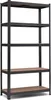 A black metal shelving unit with brown shelves against a white background. Podgląd zdjęcia produktu