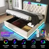 A bed with storage and LED lighting, shown with a remote control and a smartphone app interface. Náhľad obrázku produktu