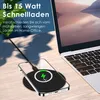 A smartphone is wirelessly charging on a charging pad next to a laptop on a wooden desk. Produktbild-Vorschau