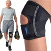 An elderly man walks with shopping bags, wearing a knee brace on his left leg. A close-up of the knee brace is shown on the right. Produktbild-Vorschau