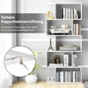 A white bookshelf with various decorative items and books on display, with a close-up inset showing a safety bracket. Produktbild-Vorschau