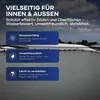 A dark blue overlay with white text and icons is placed over a background image of a flat, grey roof. Produktbild-Vorschau
