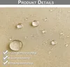 Close-up of a beige fabric with water droplets on it, indicating water resistance. Text overlays highlight product features. Podgląd zdjęcia produktu