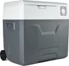 A white and gray Medion mobile electric compressor cooler box with wheels is shown from a side angle against a white background. Produktbild-Vorschau