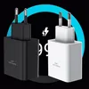 Two fast charging adapters, one black and one white, are displayed against a dark background with a blue arc and lightning bolt graphic. Produktbild-Vorschau