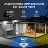 A split image showing a house at night and during the day, with overlaid text highlighting camera features. Produktbild-Vorschau