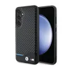 A smartphone case with a carbon fiber texture and BMW branding, shown from the back and side. Náhled obrázku produktu