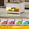 A multi-panel image showcasing a wooden side table with integrated RGB lighting. The top panel shows the table with yellow lighting, while the bottom panels demonstrate various color options for the lighting. Text overlays describe the features. Produktbild-Vorschau