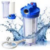 A water filter system with a transparent housing, blue cap, and white filter element, surrounded by water splashes. Produktbild-Vorschau