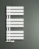 A white towel radiator mounted on a gray wall. Produktbild-Vorschau