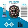 A collage of dartboard, darts, and accessories with text overlays. Produktbild-Vorschau