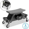 A black rolling mechanic's stool with tool storage compartments and wheels, shown on a white background. A circular inset shows a close-up of the tool storage area. Náhled obrázku produktu