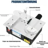 A diagram of a mini table saw with labels pointing out its features. Produktbild-Vorschau