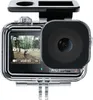 A close-up front view of a black and clear action camera with a screen showing a person riding a bike. Produktbild-Vorschau