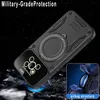 A black phone case with a ring holder and camera lens protection is shown against a dark, starry background. Produktbild-Vorschau