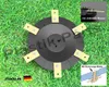A grass cutter blade assembly with blades attached, set against a grassy background. Includes inset images and text labels. Produktbild-Vorschau