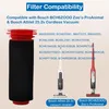 A filter for a Bosch vacuum cleaner is shown next to two Bosch vacuum cleaners and a list of compatible models. Produktbild-Vorschau