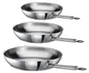 Three stainless steel frying pans are stacked on a white background. Produktbild-Vorschau