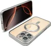 A silver iPhone case with a transparent back is shown diagonally against a white background. The case has a magnetic ring for MagSafe charging and a raised camera protection. Produktbild-Vorschau