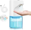 An automatic disinfectant dispenser spraying liquid onto a person's hand, with a USB charging cable and a smaller inset image showing the dispenser mounted on a wall. Produktbild-Vorschau