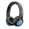 A pair of black Bluetooth headphones with blue LED lights. Produktbild-Vorschau