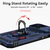 A close-up of a blue phone case with a rotating ring stand and a sliding camera cover. Produktbild-Vorschau