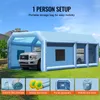 An inflatable car tent set up on a grassy lawn with a truck inside. Below are four inset images showing the setup process. Voir les images du produit