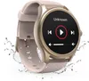 A smartwatch with a rose gold bezel and pink strap is shown with water splashes around it. Produktbild-Vorschau