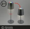 Two lamps shown side-by-side, one taller than the other, with a red arrow indicating height adjustment. Text overlays describe features. Anteprima dell’immagine prodotto