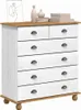 A white dresser with a wooden top and wooden feet, decorated with a framed picture and two vases on top. Voir les images du produit