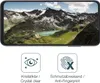 A smartphone screen displaying a mountain landscape, with two icons and text below describing product features. Produktbild-Vorschau