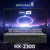 A marketing image showing a Zehnder HX-2300 VFD satellite receiver in front of a television screen displaying a futuristic landscape and promotional text. Produktbild-Vorschau