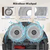 Close-up of a robotic vacuum cleaner's mopping pads with water splashing, accompanied by marketing text and images highlighting features. Produktbild-Vorschau