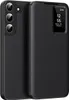 A black leather flip case for a Samsung Galaxy S22 phone, shown from a diagonal angle with the flip cover partially open to reveal a small display window showing the time and date. Náhled obrázku produktu