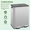 A stainless steel trash can with two compartments, shown with water droplets on its surface, next to a list of its features. Produktbild-Vorschau